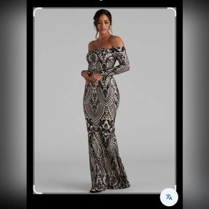 Elegant Black and nude Off-Shoulder Dress